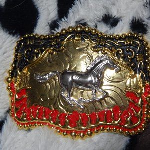 Gold Overlay, Red, and Black running Horse Belt Buckle  4"(L) x 3"(W)